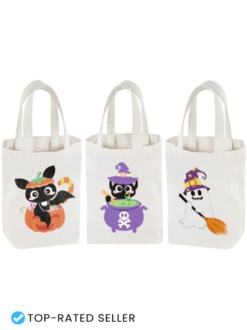 Set of 3 Large Linen Canvas Tote Bags Halloween Trick or Treat Reusable